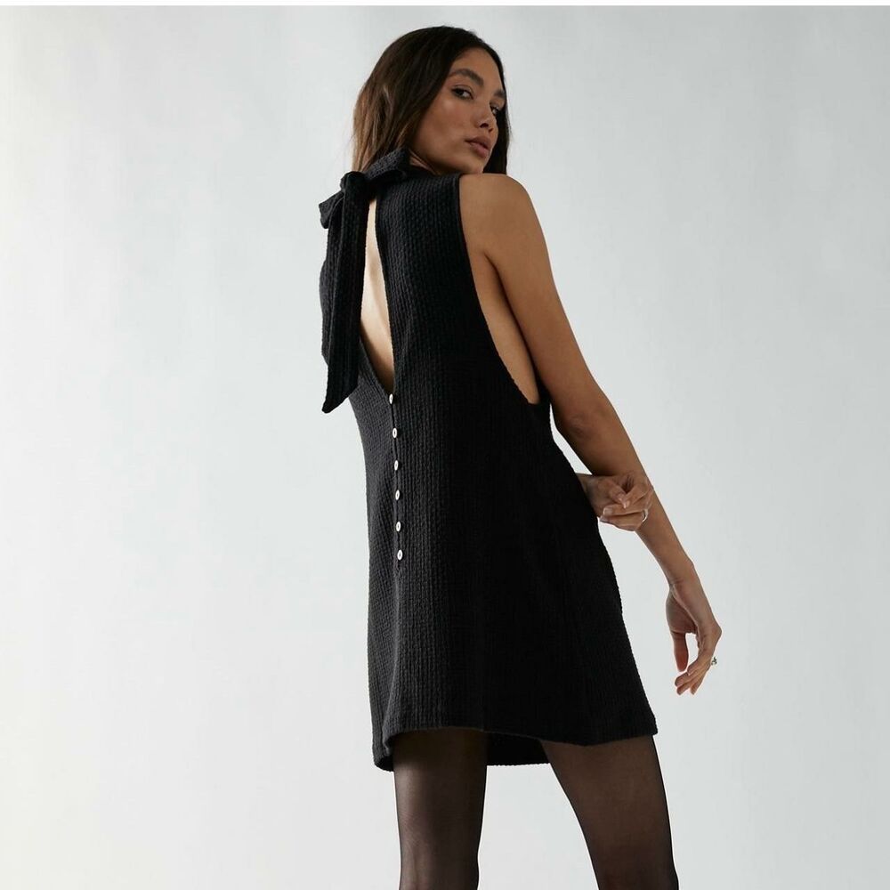 Free People High Neckline Back Tie Closure Textured Tunic Top Dress Black Sz L